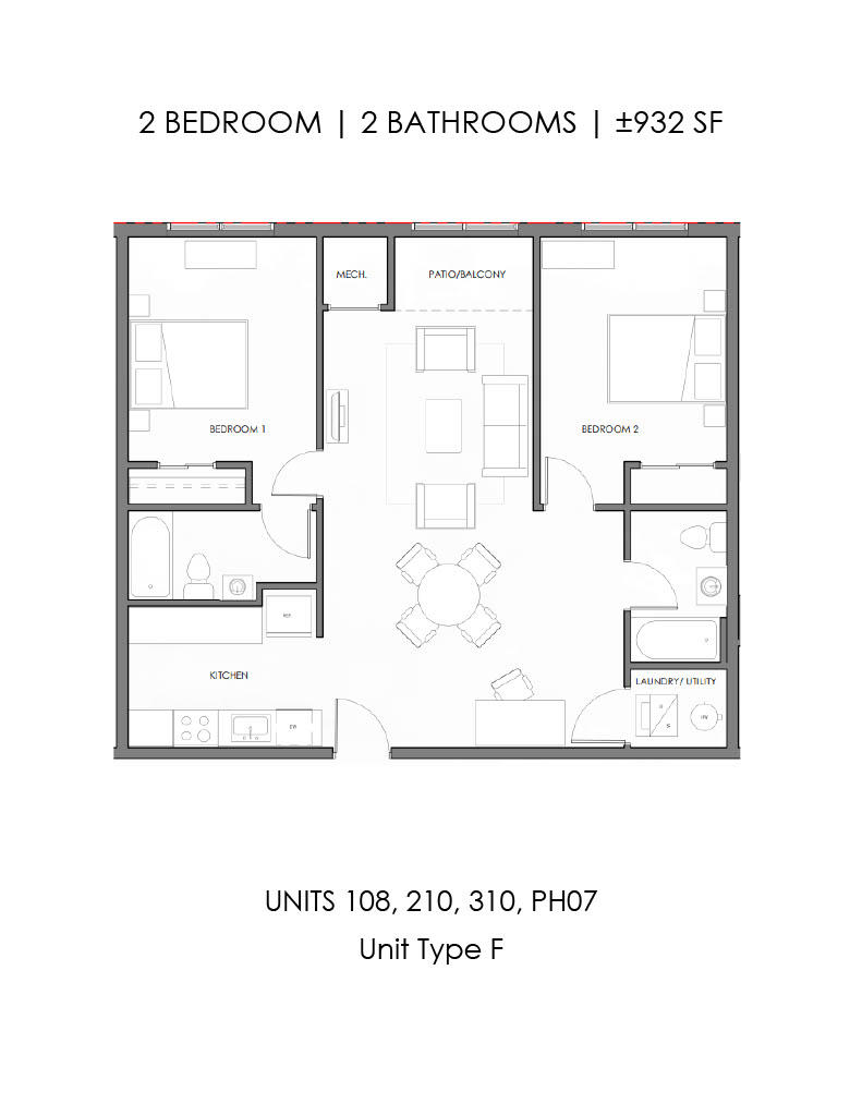 Floor plan for 2 beds, 2 baths, 932 sqft